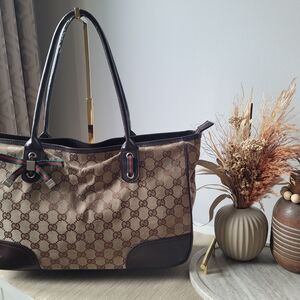 Gucci Brown GG Canvas Tote with Web Ribbon Accent